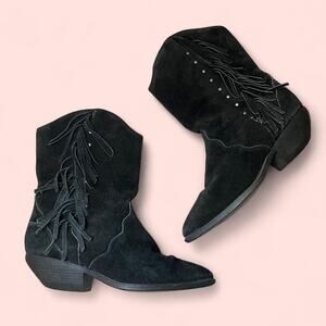Black suede fringe ankle boots